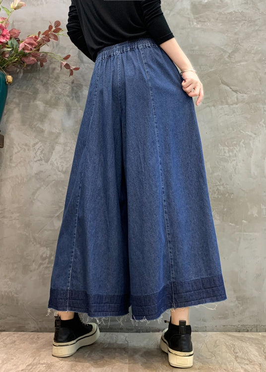 Navy Pockets Elastic Waist Wide Leg Pants Fall