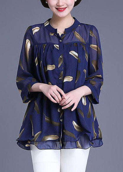 Navy Print Wrinkled Patchwork Chiffon Blouse Tops Summer