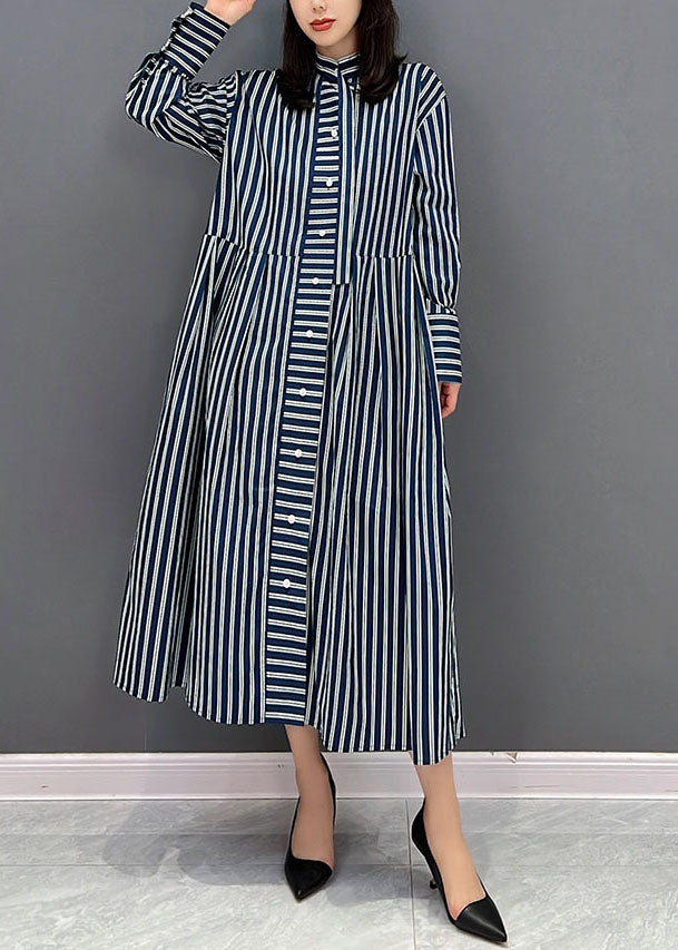 Navy Stand Collar Striped Cotton Shirt Dress Fall
