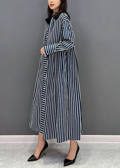 Navy Stand Collar Striped Cotton Shirt Dress Fall