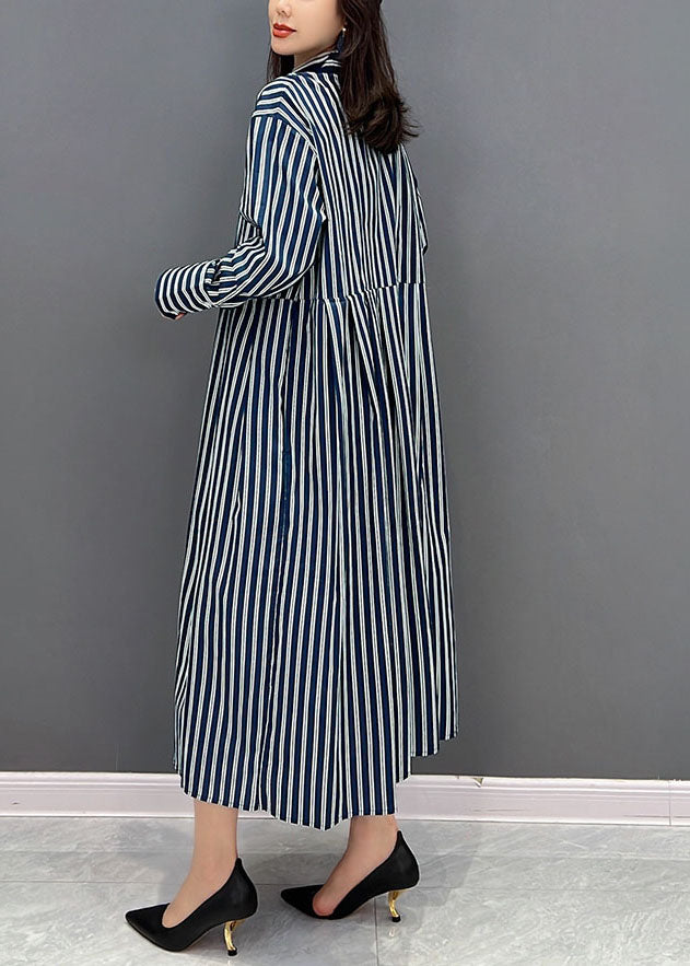 Navy Stand Collar Striped Cotton Shirt Dress Fall