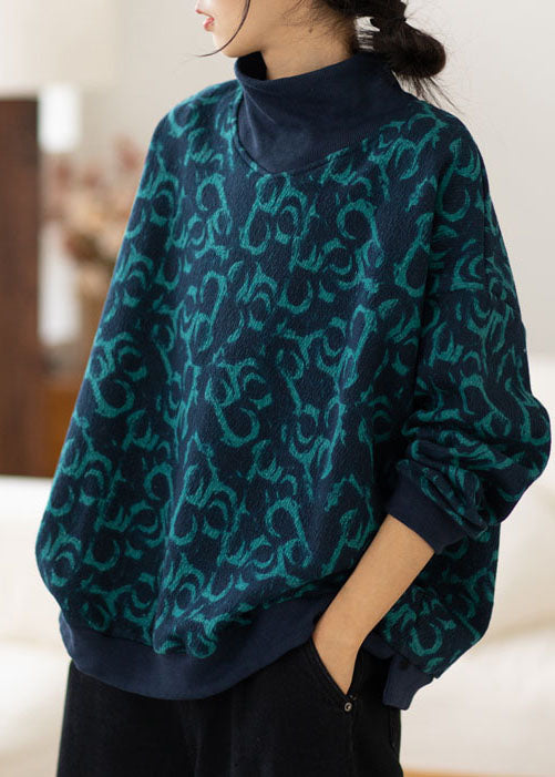 Navy Turtle Neck Print Warm Fleece Sweatshirts Top Spring