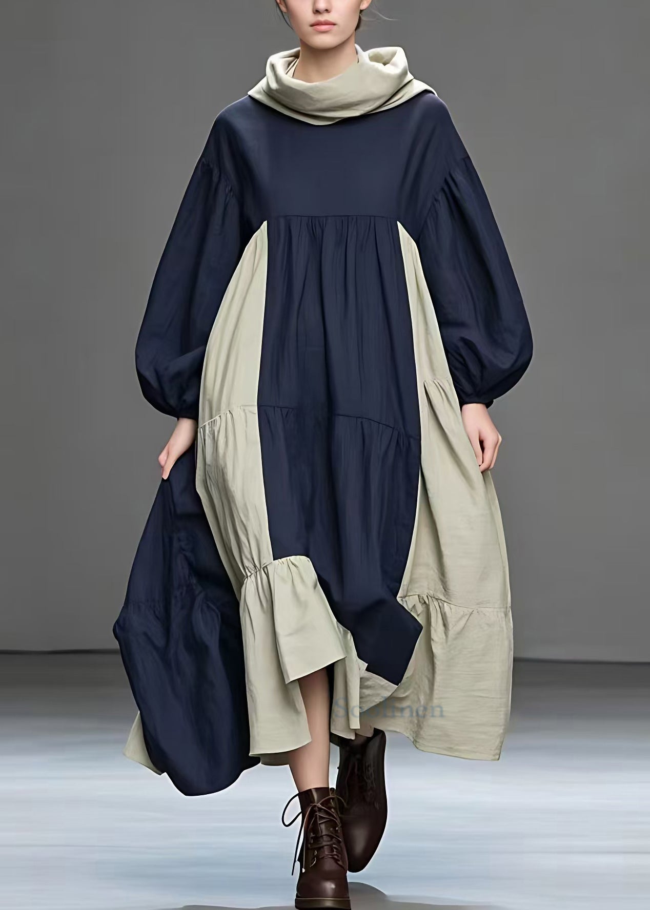 Navy Turtleneck Patchwork Cotton Long Dresses Fall