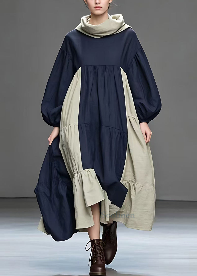 Navy Turtleneck Patchwork Cotton Long Dresses Fall