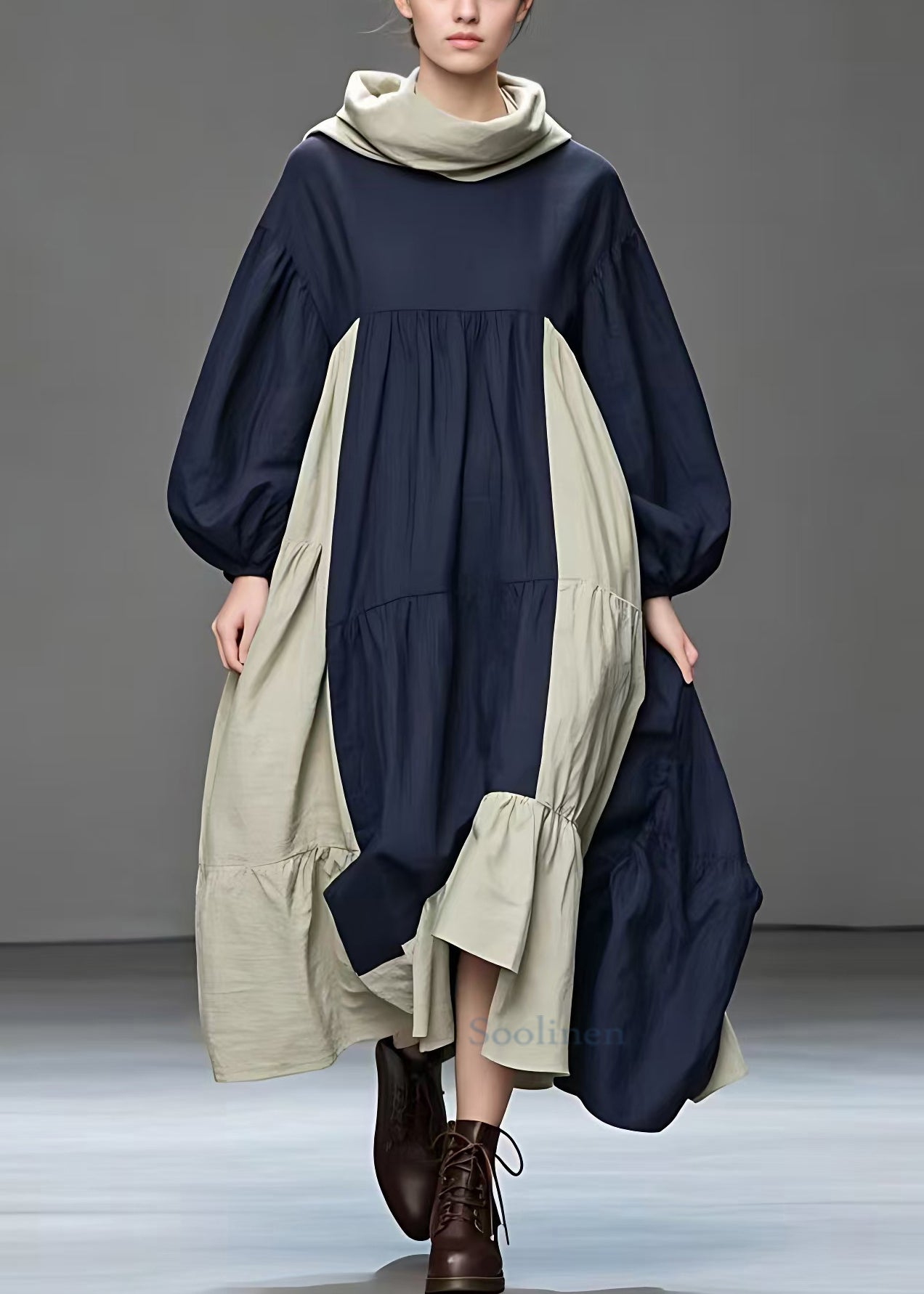 Navy Turtleneck Patchwork Cotton Long Dresses Fall