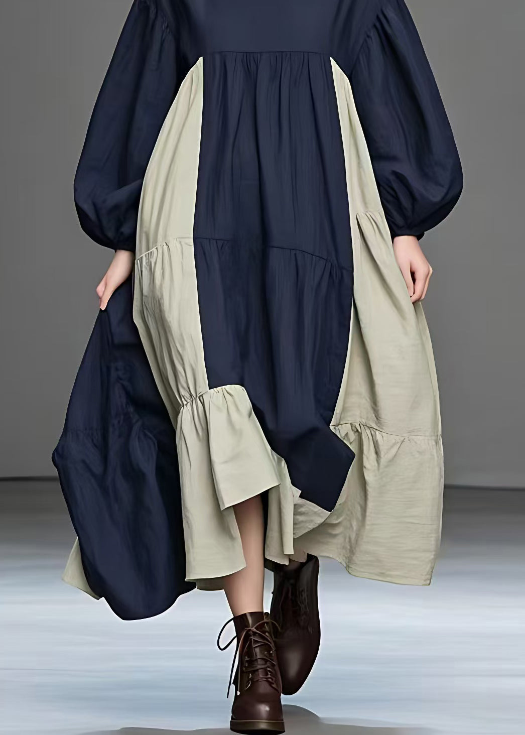 Navy Turtleneck Patchwork Cotton Long Dresses Fall