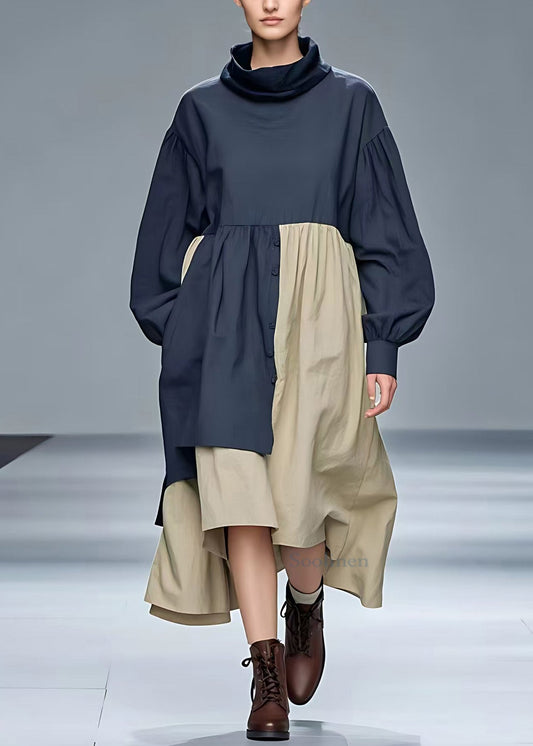 Navy Turtleneck Pockets Cotton Dresses Long Sleeve