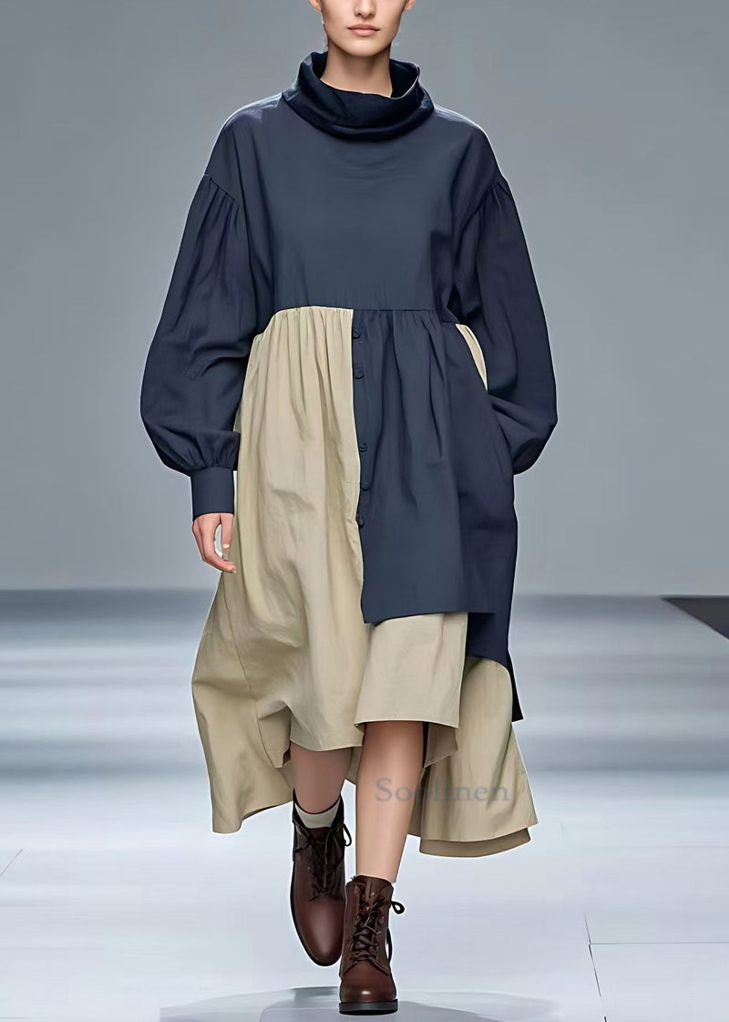 Navy Turtleneck Pockets Cotton Dresses Long Sleeve