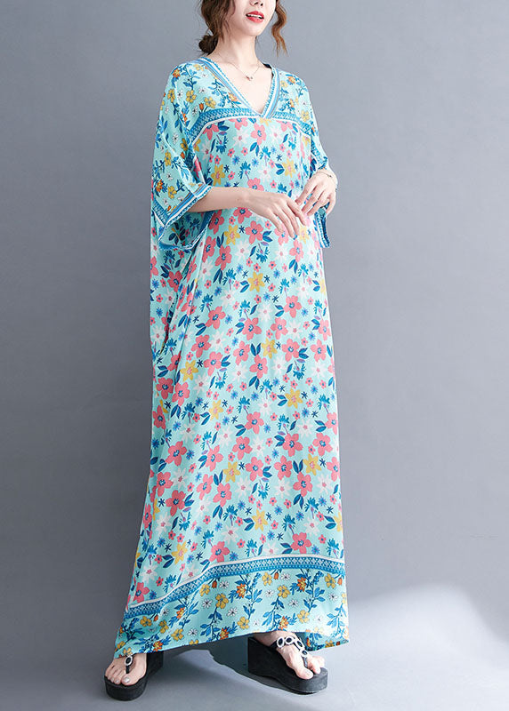 Navy V Neck Print Oversized Cotton Long Dress Gown Short Sleeve