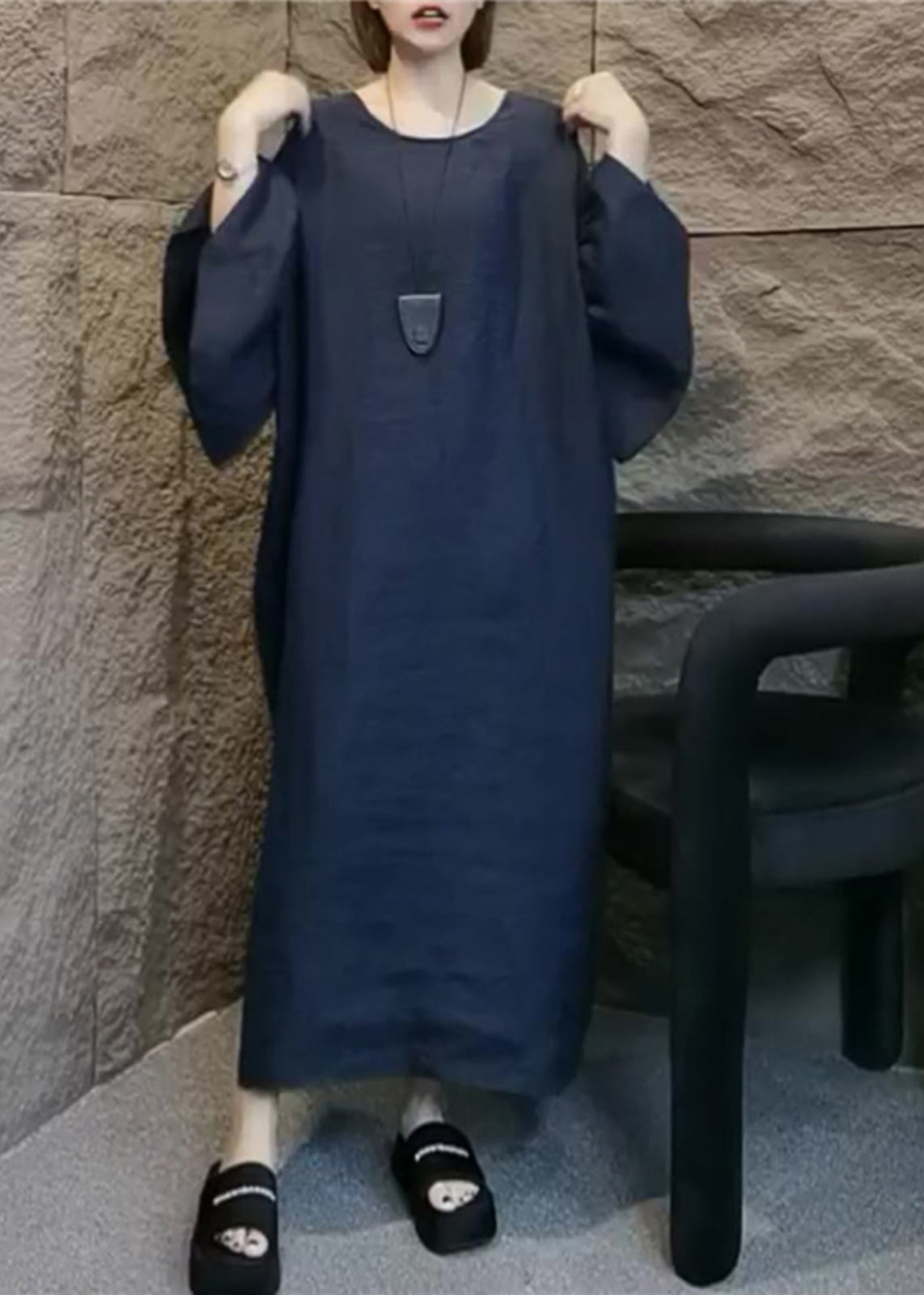 Navy V Neck Linen Long Dress Flare Sleeve