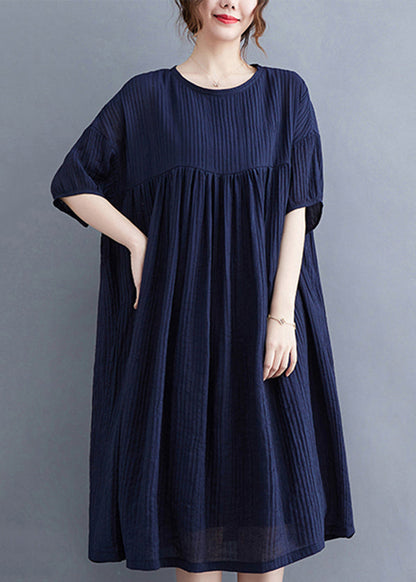 Navy Wrinkled Exra Large Hem Cotton Vacation Dress Summer
