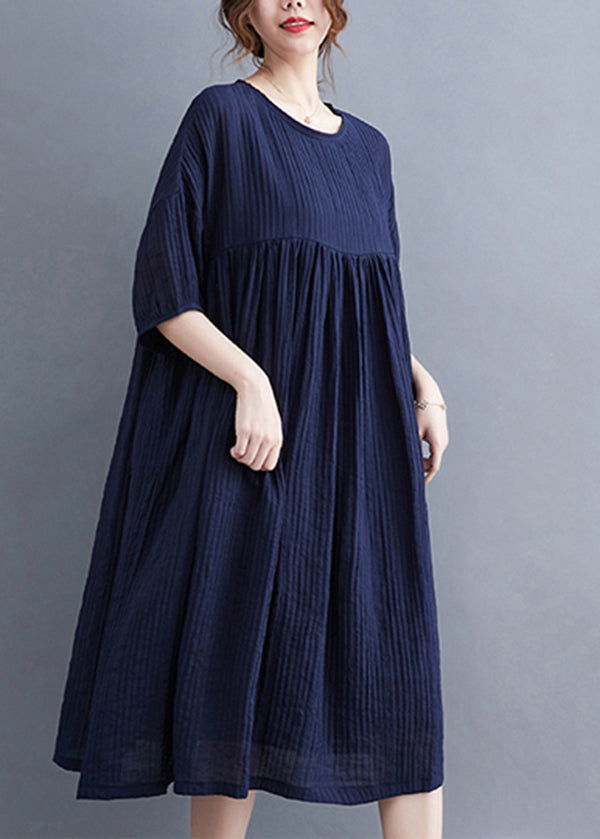 Navy Wrinkled Exra Large Hem Cotton Vacation Dress Summer
