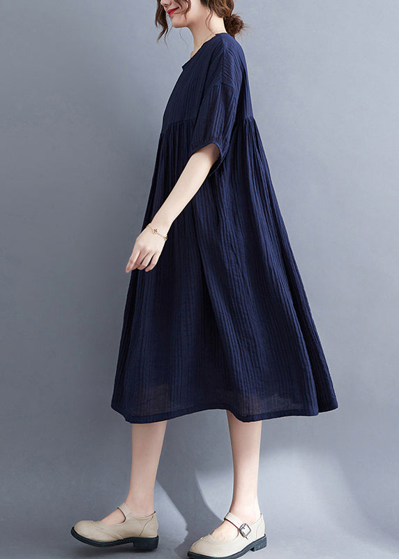 Navy Wrinkled Exra Large Hem Cotton Vacation Dress Summer