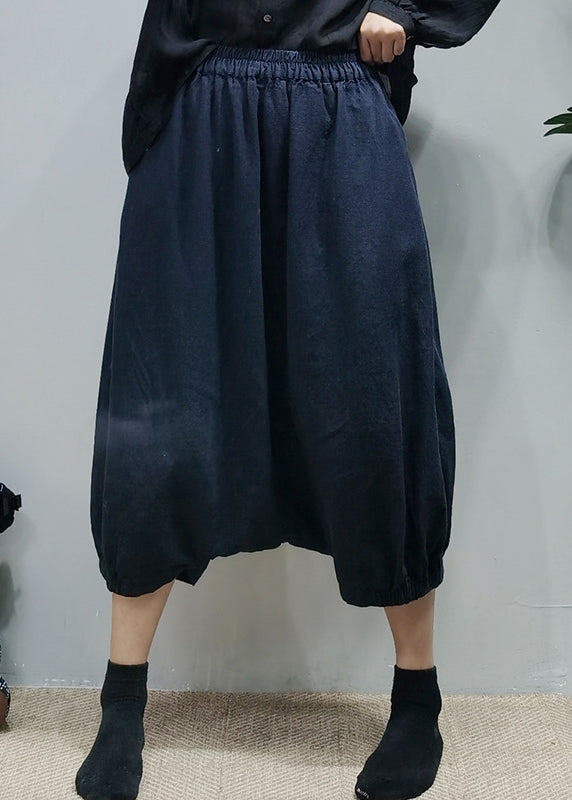 Navy Elastic Waist Linen Harem Pants Spring