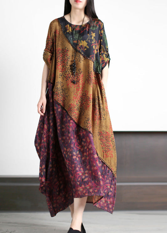 O-neck Asymmetrical Print Silk Long Dresses Spring