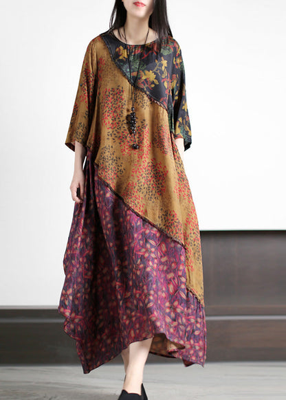 O-neck Asymmetrical Print Silk Long Dresses Spring