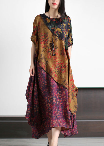 O-neck Asymmetrical Print Silk Long Dresses Spring