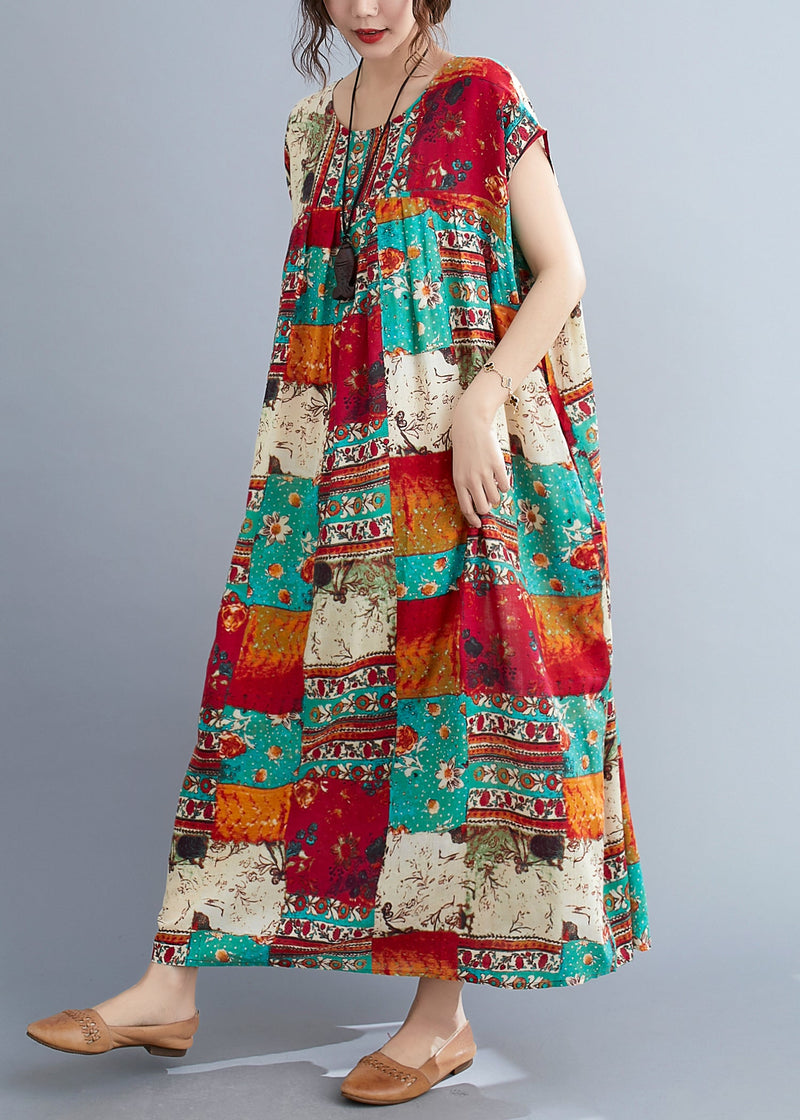 O-neck Patchwork Print Long Dresses Short Sleeve