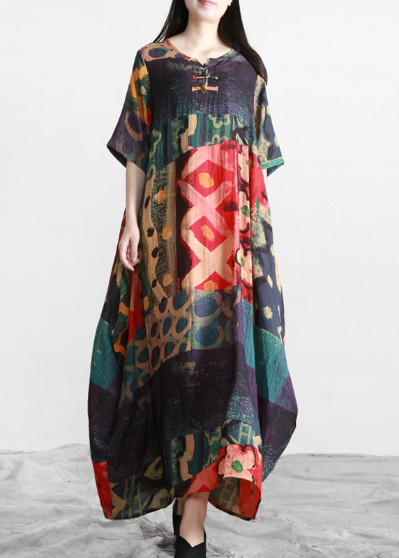 O-neck Print Button Maxi Dress Summer