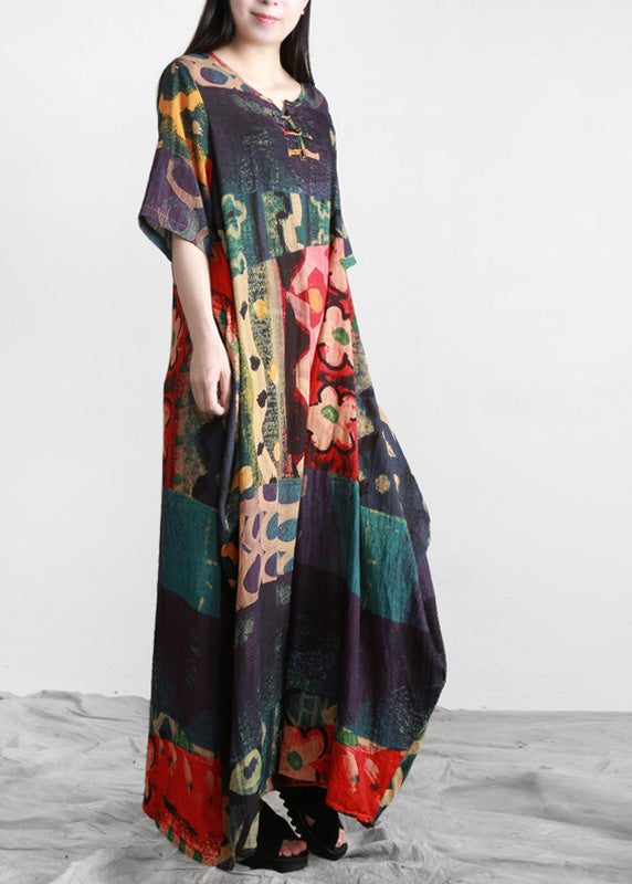 O-neck Print Button Maxi Dress Summer