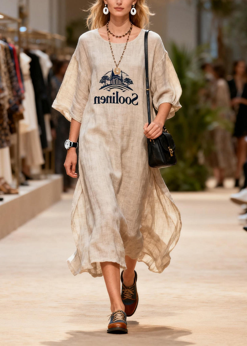 O Neck Print Linen Long Dresses Summer