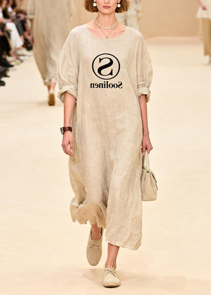O Neck Print Linen Maxi Dresses Summer
