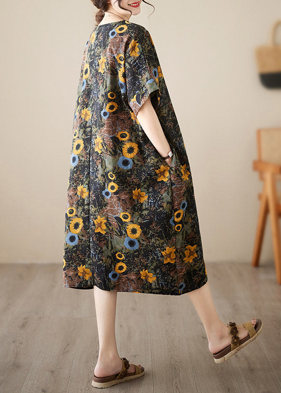 O-neck Print Maxi Dresses Short Sleeve