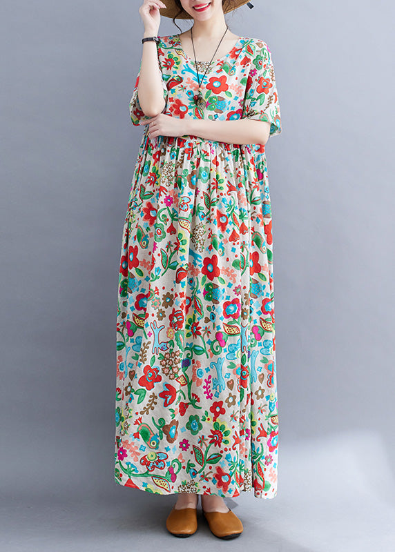 O-neck Print Patchwork Knit Robe Dresses Short Sleeve