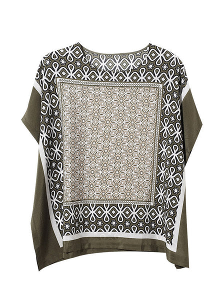 O-neck Print Side Open Silk Top Batwing Sleeve