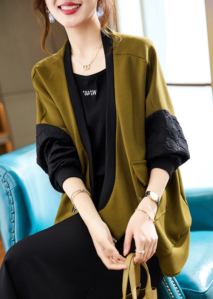 Olive Green V Neck Zippered Patchwork Coat Spring