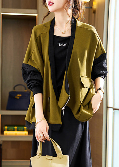 Olive Green V Neck Zippered Patchwork Coat Spring