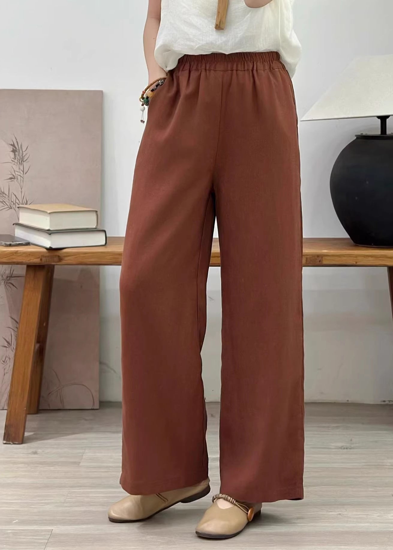 Orange Elastic Waist Linen Straight Pants Summer