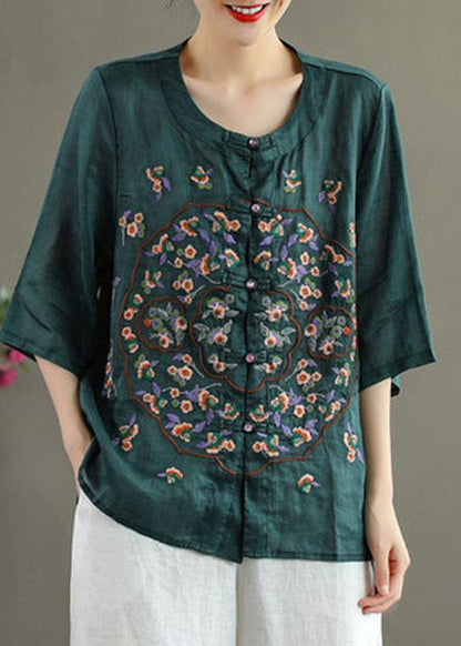 Orange Embroideried Oriental Ramie Top Summer
