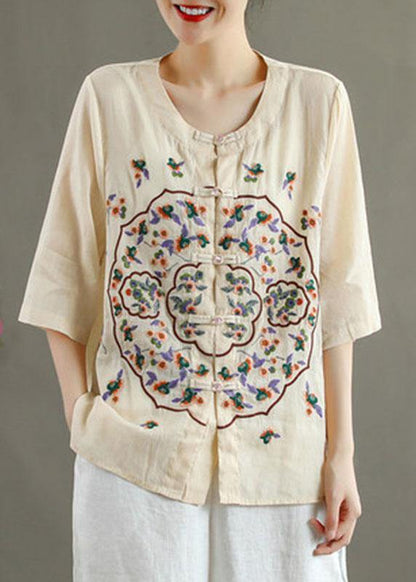 Orange Embroideried Oriental Ramie Top Summer