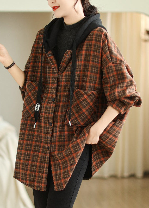 Orange Hooded Pockets Plaid Warm Fleece Jacket Winter