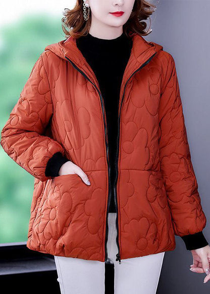 Orange Hooded Zippered Fine Cotton Filled Winter Coats