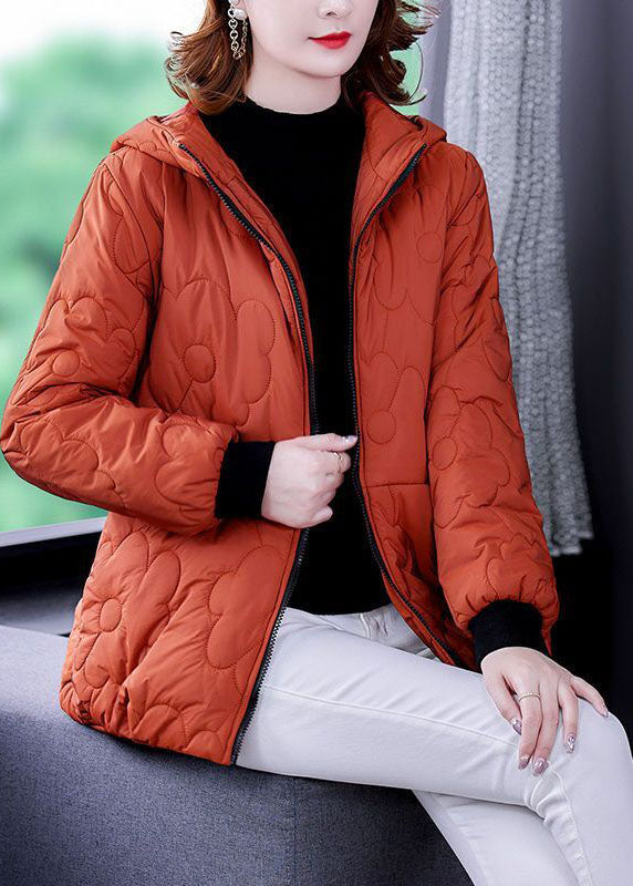 Orange Hooded Zippered Fine Cotton Filled Winter Coats