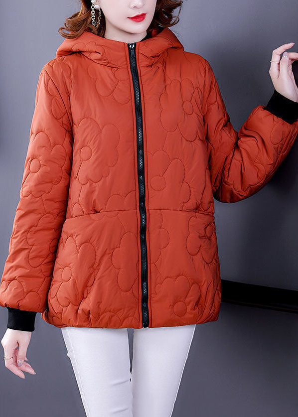 Orange Hooded Zippered Fine Cotton Filled Winter Coats