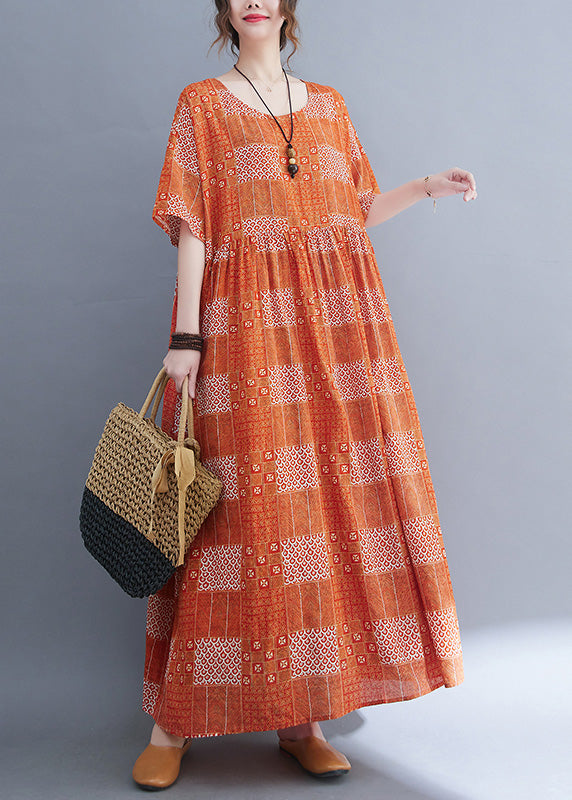 Orange O-neck Patchwork Wrinkled Party Maxi Dress Summer