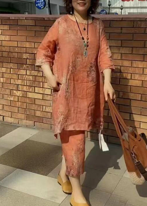 Orange O-neck Print Linen Tops and Harem Pants Two-piece Set Summer