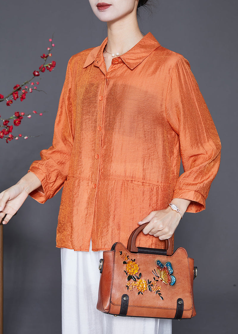 Orange Oversized Patchwork Linen Silk Shirt Top Fall