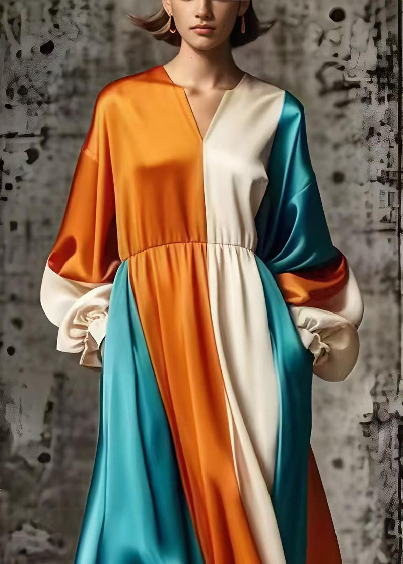 Orange Oversized Patchwork Silk Vacation Dresses Spring