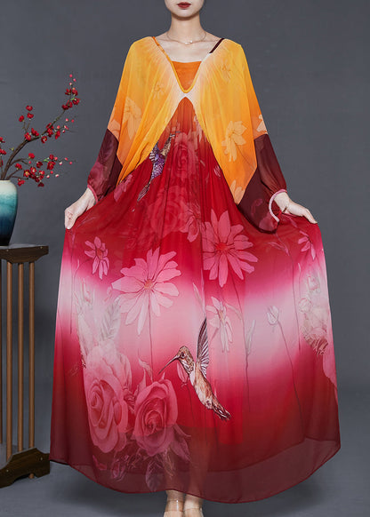 Orange Oversized Print Chiffon Holiday Dress Summer