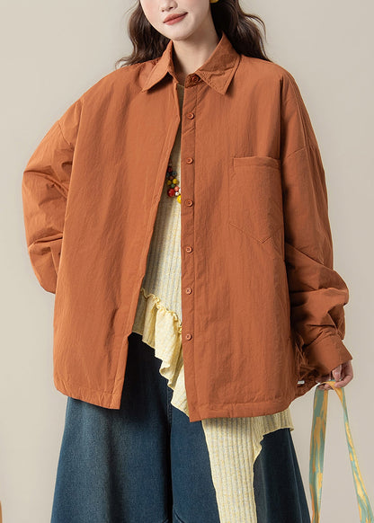 Orange Peter Pan Collar Pockets Cotton Filled Coats Spring