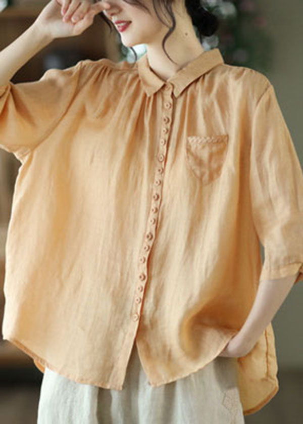 Orange Peter Pan Collar Pockets Linen Shirt Tops Half Sleeve