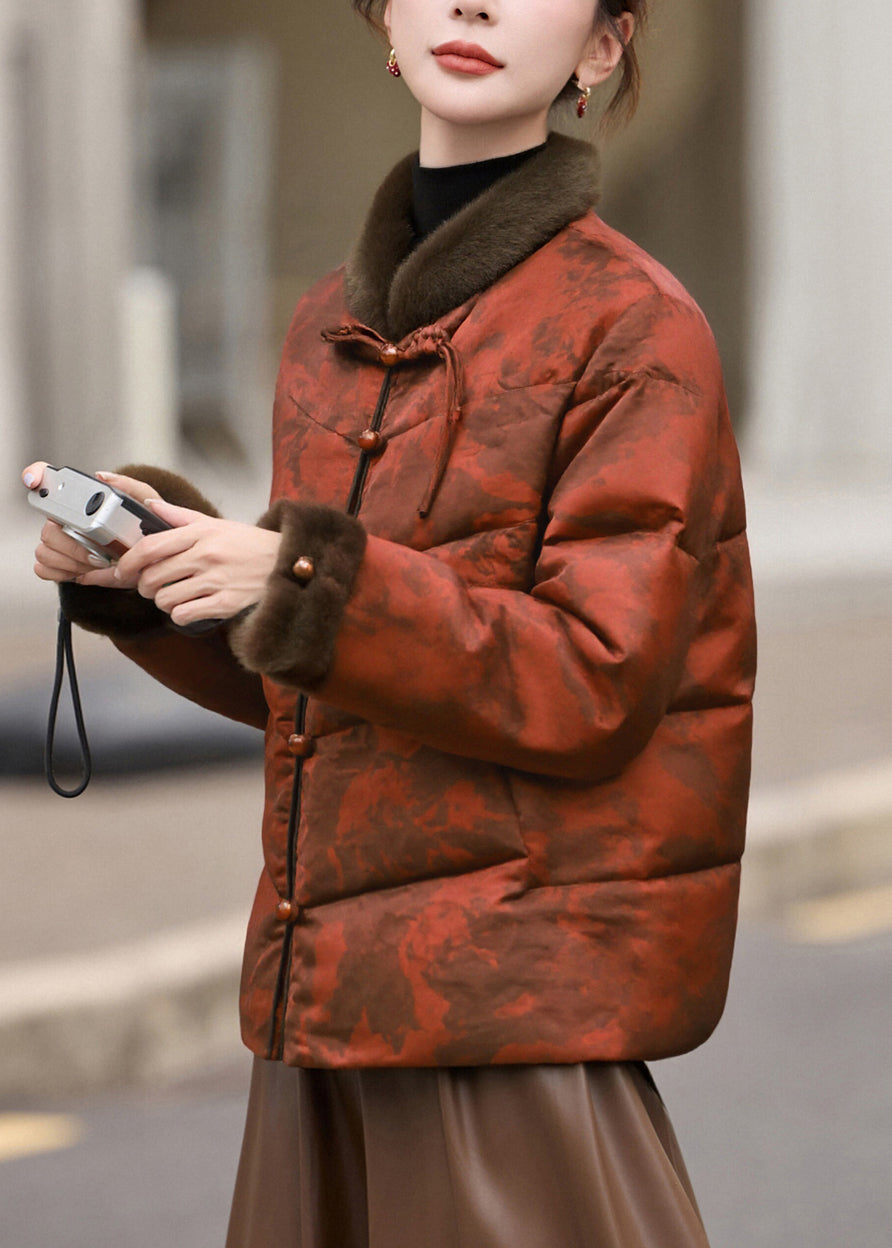Orange Print Chinese Button Duck Down Winter Coats Winter