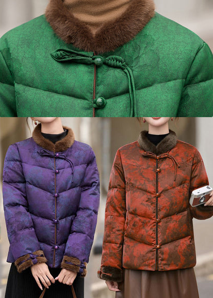 Orange Print Chinese Button Duck Down Winter Coats Winter