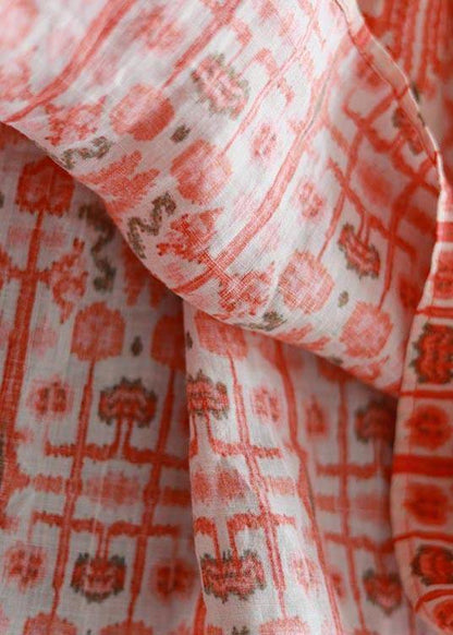 Orange Print Cinched Ruffled Summer Linen Dress