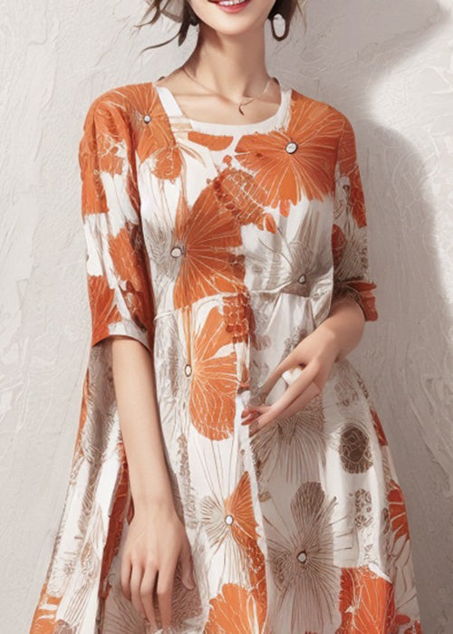 Orange Print High Waist Cotton Dresses Half Sleeve