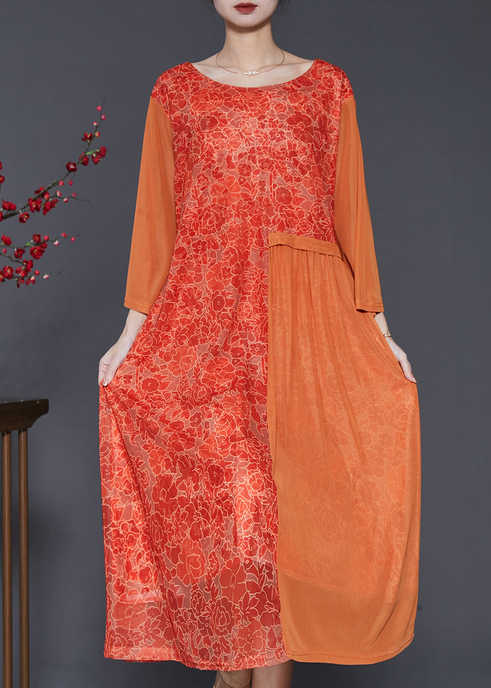 Orange Print Patchwork Silk Long Dress Bracelet Sleeve